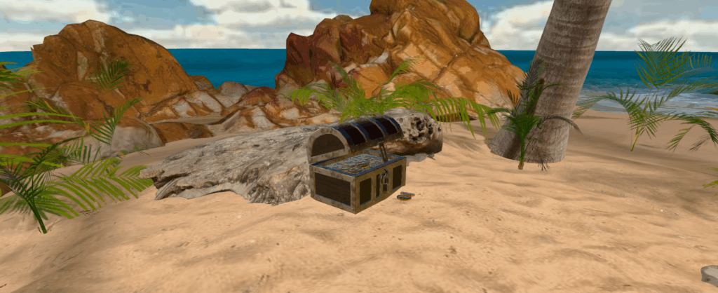 A screenshot of the sample app that accompanies this article. It shows a tropical island setting, with the focal point being a treasure chest filled with gold